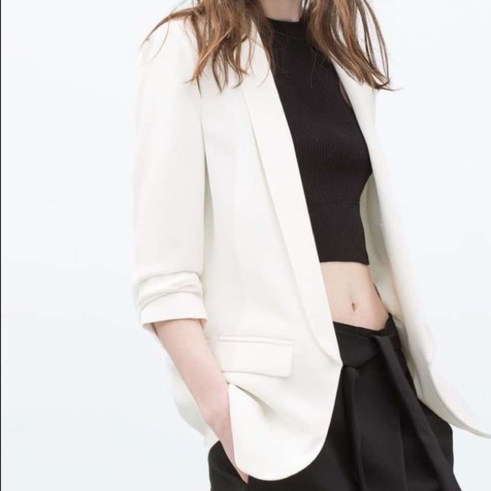 NWT Zara White Shawl Collar Ruched Sleeve Blazer Suit Tuxedo Jacket